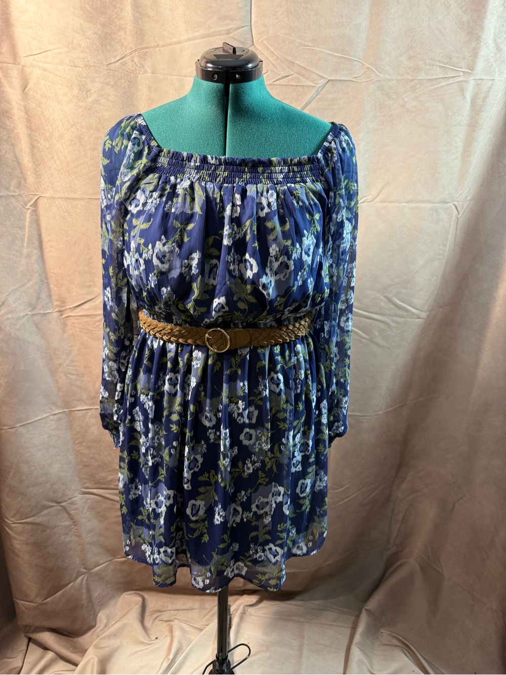 74-Wallflower Navy Floral Long-Sleeve Off-Shoulder Dress with Braided Belt